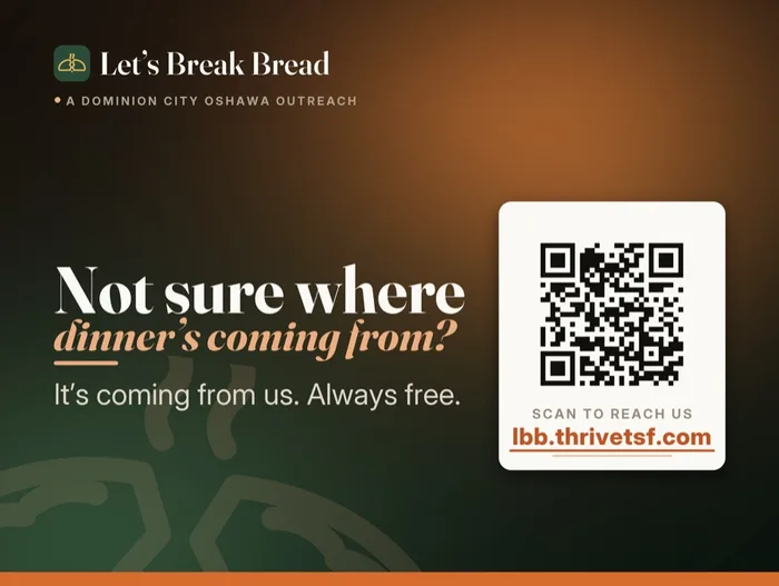 Let’s Break Bread sign: Hungry? We bring dinner. You pick the place.